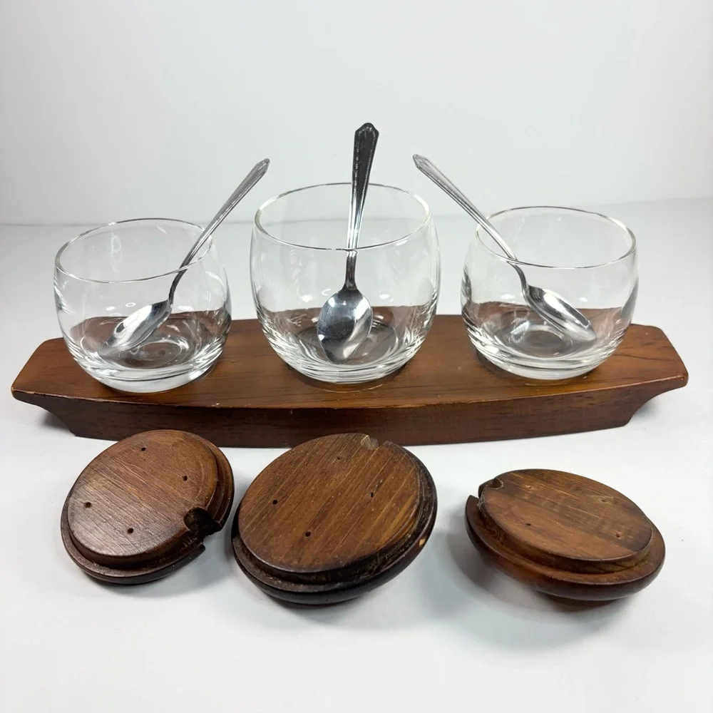 Vintage Glass Spice Jars with Wooden Lids Spoons Tray‎ Three jars